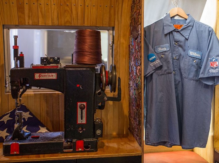 The interior of The Wilson Experience pop up museum designed by OutCold that shows how Wilson create their official leather game footballs.