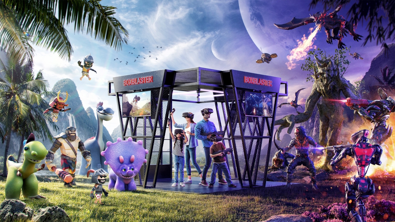 Artist depiction of players inside BoxBlaster VR arena