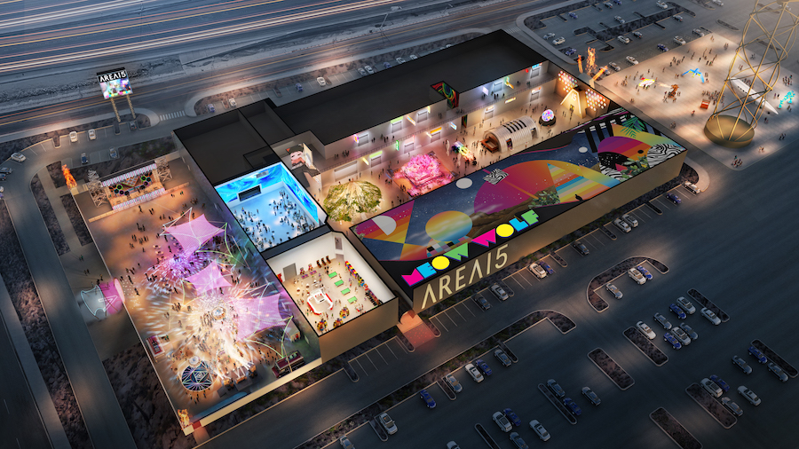 Aerial view of AREA15, immersive entertainment and retail experience in Las Vegas